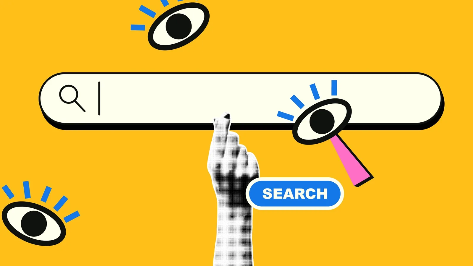 Illustrated search bar with a hand pressing search while watchful eyes look on, representing brand visibility in AI search engines