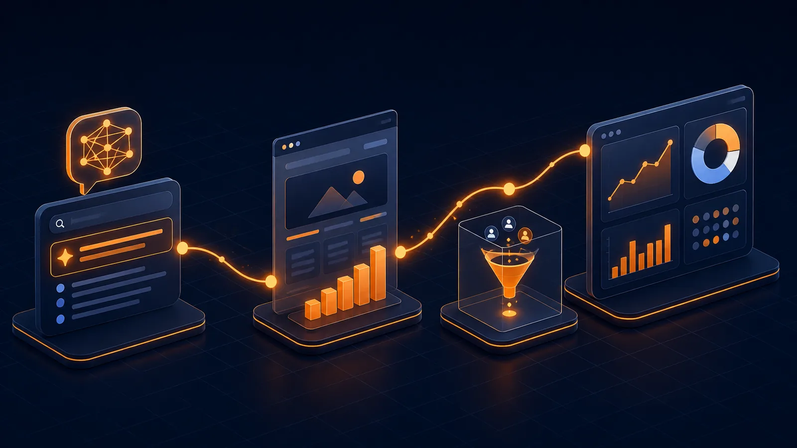 AI search referral journey flowing from answer discovery through website sessions to conversion and ROI analytics